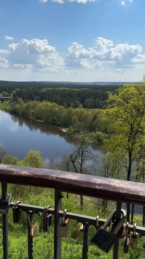 View of Neris River from Observation Deck in Verkiai Regional Park in Vilnius Stock Footage 273984054