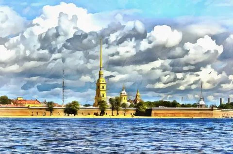 View from the Neva to the Cathedral of the Peter and Paul Fortress Stock Illustration