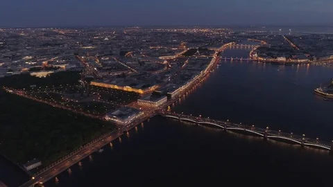 View of the Neva River and the Trinity Bridge with a drone at night Stock Footage 77065279