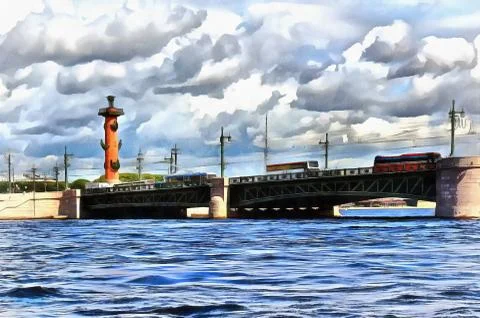 View from the Neva River on Palace Bridge and the Rostral column Stock Illustration