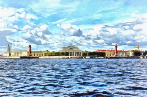 View from the Neva River to the Spit of Vasilyevsky Island Stock Illustration