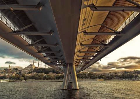 View of New built Halic Metro Bridge, vintage filter applied Foto stock