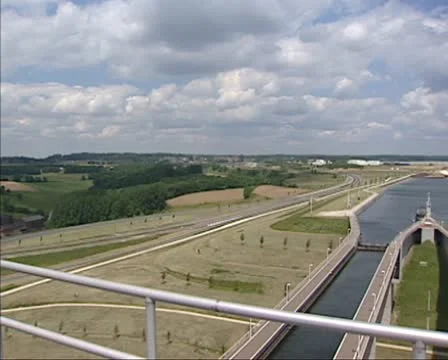 View of new Canal du Centre from Strepy-Thieu boat lift Stock Footage 22006442