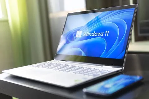 View of The New Microsoft Windows 11 Logo on Computer Screen Stock Photos