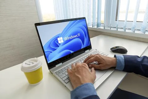 View of The New Microsoft Windows 11 Logo on Computer Screen Stock Photos