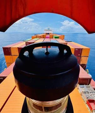 View from a new ship mast through a navigation light Stock Photos