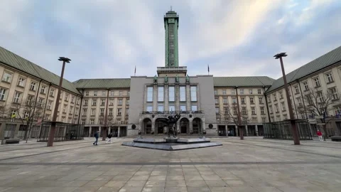 View Of New Town Hall Tower on the Square in Ostrava Czech Republic, watch tower Stock Footage 265487042