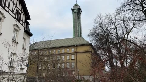 View Of New Town Hall Tower in Ostrava Czech Republic, watch tower Stock Footage 265487080