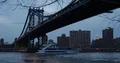 View of New York City and Manhattan Bridge Touristic Ship Passing Dusk Light Nyc 4k or 4k+ Resolution