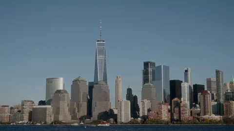 View of New York City skyline with One World Trade Center prominently featured Stock Footage 314266341