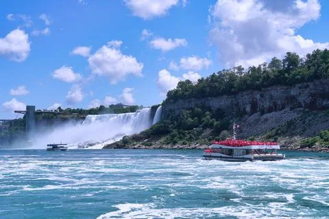 View of the Niagara River below Niagara Falls looking toward the American Fal Stock Photos