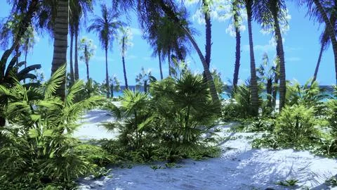 View of nice tropical beach with palms around Illustration