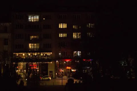 View of night cafes in the center of Sofia Stock Photos