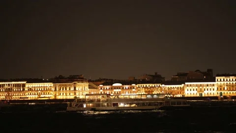 View of the night city, bridge, river transport, boats, boats. Stock Footage 235189643