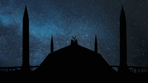 View by Night of Faisal Mosque, with Stars and Milky Way in Background, Pakistan Stock Footage 130588039