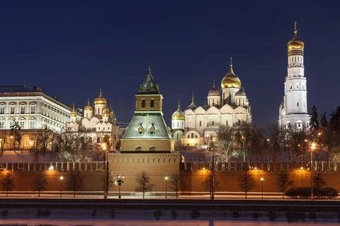 View of the night Kremlin with cathedrals Stock Photos