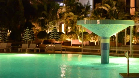 View on night resort pool. luxury resort with pool at night Видео 196266973