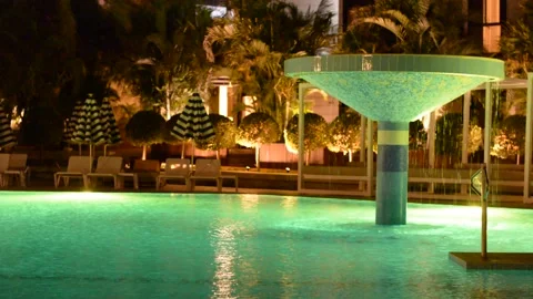 View on night resort pool. luxury resort with pool at night Stock Footage 196267002