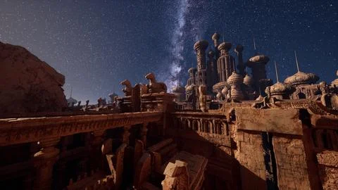 A view of the night sky over a desert town Stock Illustration