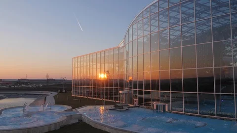 Up view in the night of Therme Bucharest, Romania Stock Footage 99296423