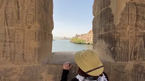 View of the nile river from a window in the Temple of Philae. Aswan. Egyptian Stock Footage 203826305