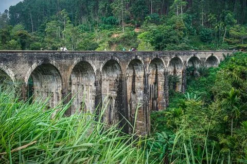 View to the nine arch stone bridge in green jungle and tea plantation in Ella Stock Photos