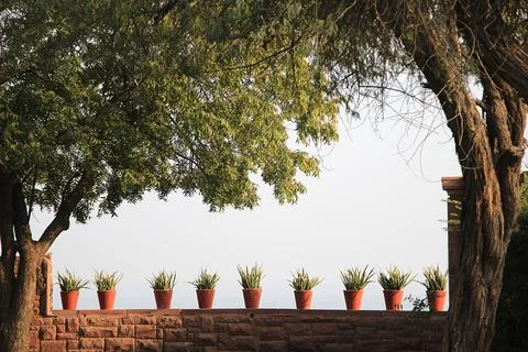 A view of nine red earthen pots on parapet against the light blue sky, framed Stockfoto's