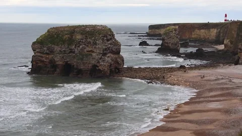 View of the North Sea Coast With High Cliffs, a Lighthouse, and Seagulls Stock Footage 247907228
