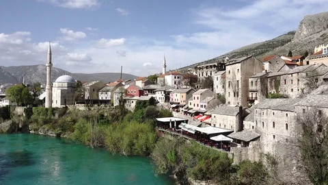 The view north of the Stari Most (Old Bridge) in Mostar, Bosnia. Stock Footage 90201165