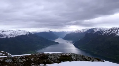 View of norwegian fjord with dramatic clouds Stock Footage 230225500
