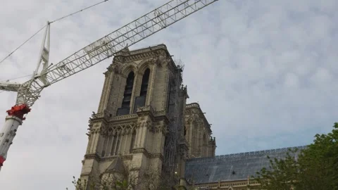 View of Notre-Dame de Paris, cranes during the reconstruction of the cathedral. Stock Footage 308727557