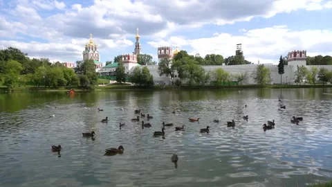 View of the Novodevichy Monastery from the side of the pond,in Moscow,Russia. Stock Footage 219638772