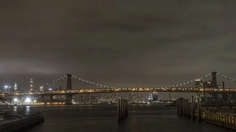 View of NYC and Manhattan Bridge from Brooklyn Night Time Lapse Stock Footage 87145637