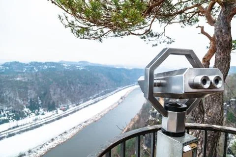 View from observation deck on Elbe in cold winter Stock Photos