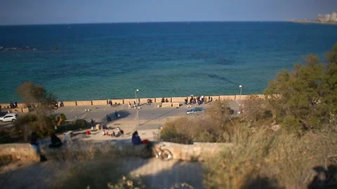 View from observation deck to Jaffa promenade with strong Tilt-Shift effects Stock Footage 93348211