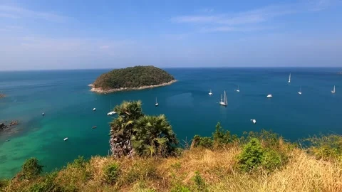 View from the observation deck to a small beach bay with boats. Stock Footage 243280127