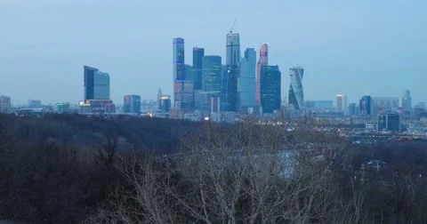 View from the observation deck on the Sparrow hills on high-rise buildings, dusk Stock Footage 67396421