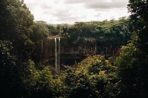 View from the observation deck of the Waterfall in the Chamarel nature Park i Stock Photos