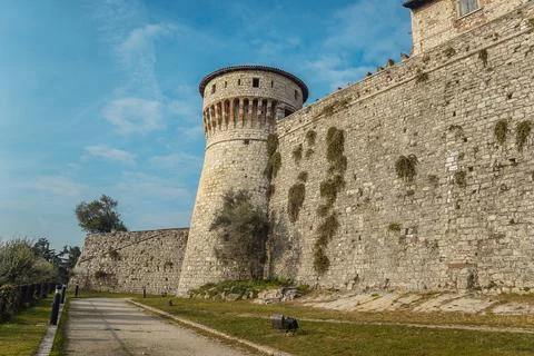 View of the Observation tower from the lower tier of the castle of Brescia city Stock Photos