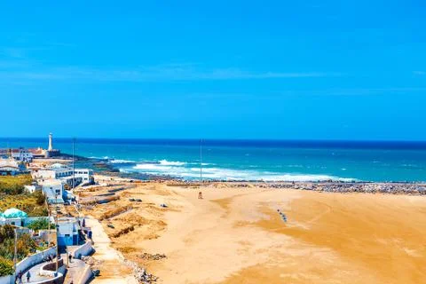 View of the ocean and the breakwaters that separate the mouth of the Bou Regr Foto stock