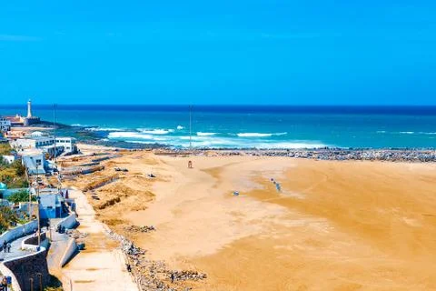 View of the ocean and the breakwaters that separate the mouth of the Bou Regr Stock Photos