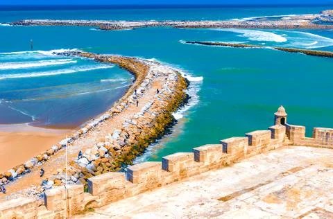 View of the ocean and the breakwaters that separate the mouth of the Bou Regr Stock Photos