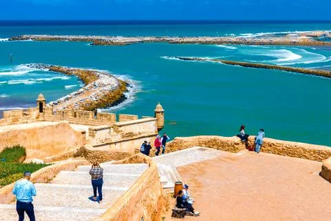 View of the ocean and the breakwaters that separate the mouth of the Bou Regr Foto stock