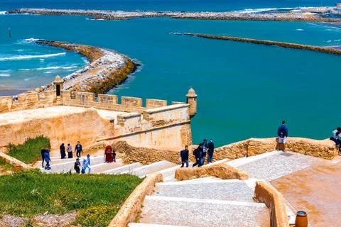 View of the ocean and the breakwaters that separate the mouth of the Bou Regr Stock Photos