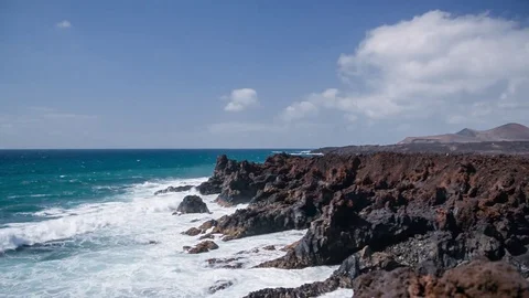 View of the ocean and cliffs of  Lanzarote, Canary Islands, Spain Stock Footage 74872837