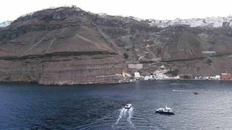 A view from the ocean approaching Athinios port, Santorini, Greece Stock Footage 52322678