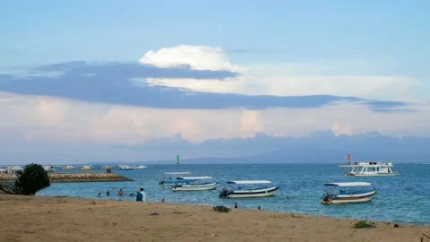 View on the ocean boats and clouds in sunset time Stock Footage 156295802