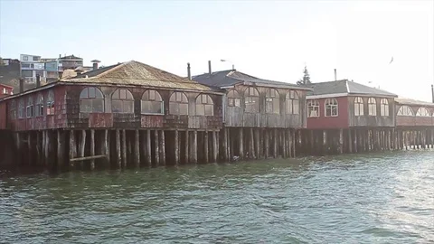 View from ocean of Palafitos Stock Footage 77045582