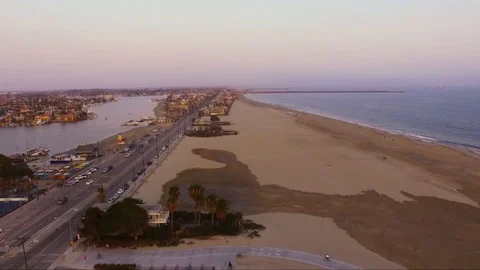 View of the ocean, sand, road, and bay. Stock Footage 94424079