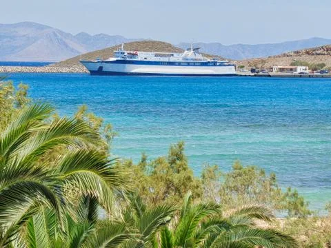 View to the ocean with a ship in the middle Stock Photos